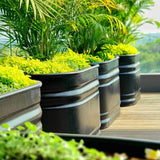 מיכלי שתילה גדולים מברזל מגלוון מולטי טאנק צבועים בשחור במרפסת