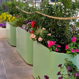 אדנית נירוסטה אובלית בלקוני גבוהה 50 ס"מ צבועה בירוק במסעדה